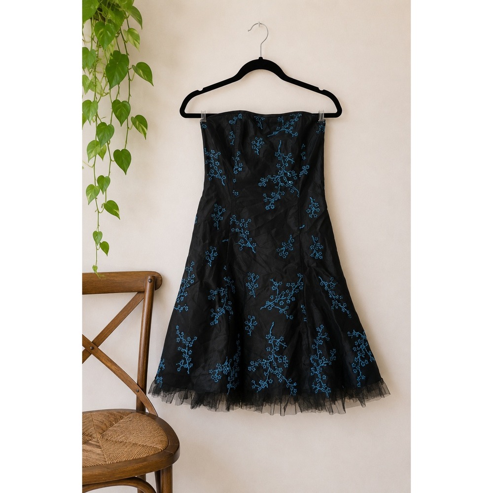 Vintage 90s Jessica McClintock Gunne Sax Strapless Blue Floral Prom Dress Size 9